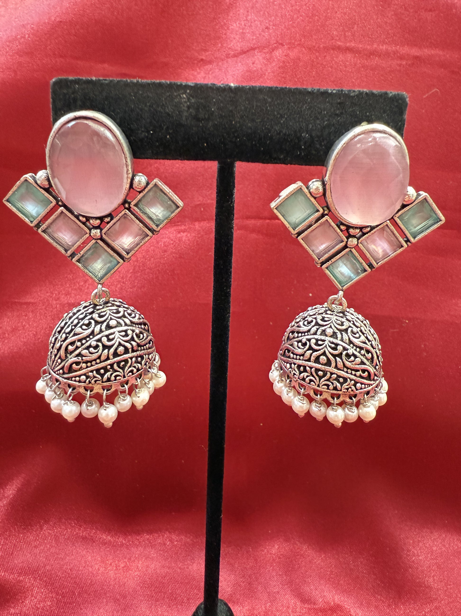 Light Pink And Sky Blue Stone Jhumka  Designer Oxidized Earrings For Women Near Me