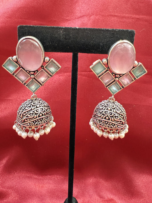 Alluring Light Pink And Sky Blue Stone Jhumka  Designer Oxidized Earrings For Women