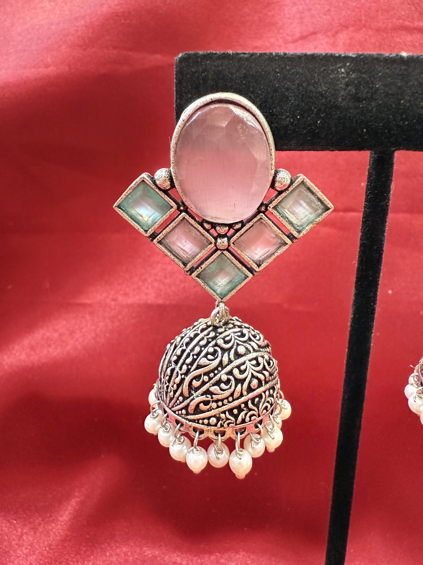  Light Pink And Sky Blue Stone Jhumka  Designer Oxidized Earrings  In Yuma