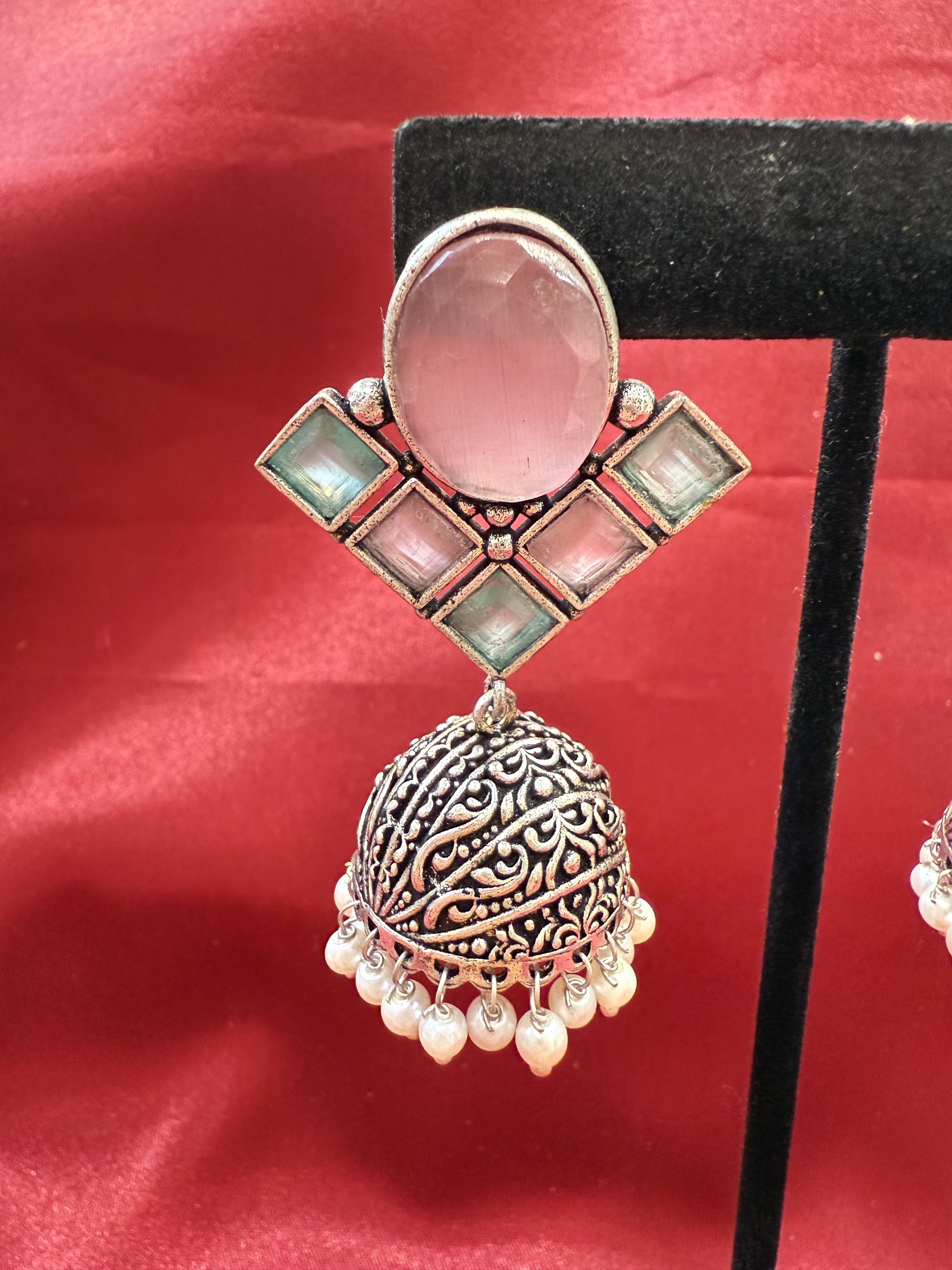 Light Pink And Sky Blue Stone Jhumka  Designer Oxidized Earrings  In Yuma