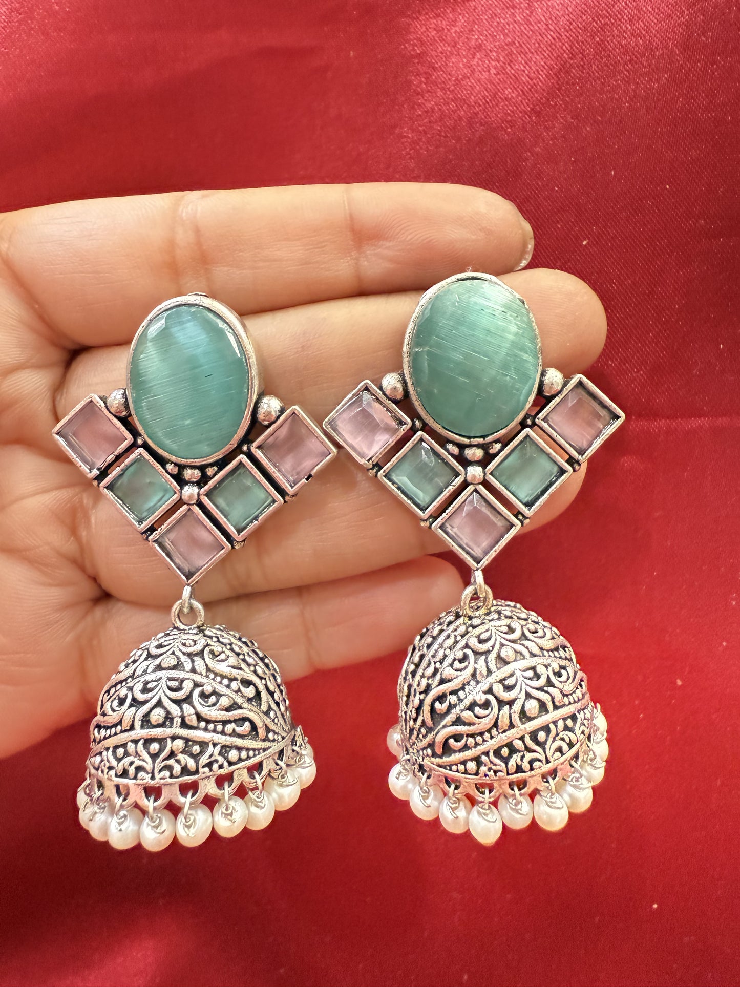 Alluring Sky Blue And Light Pink Stone Jhumka  Designer Oxidized Earrings For Women