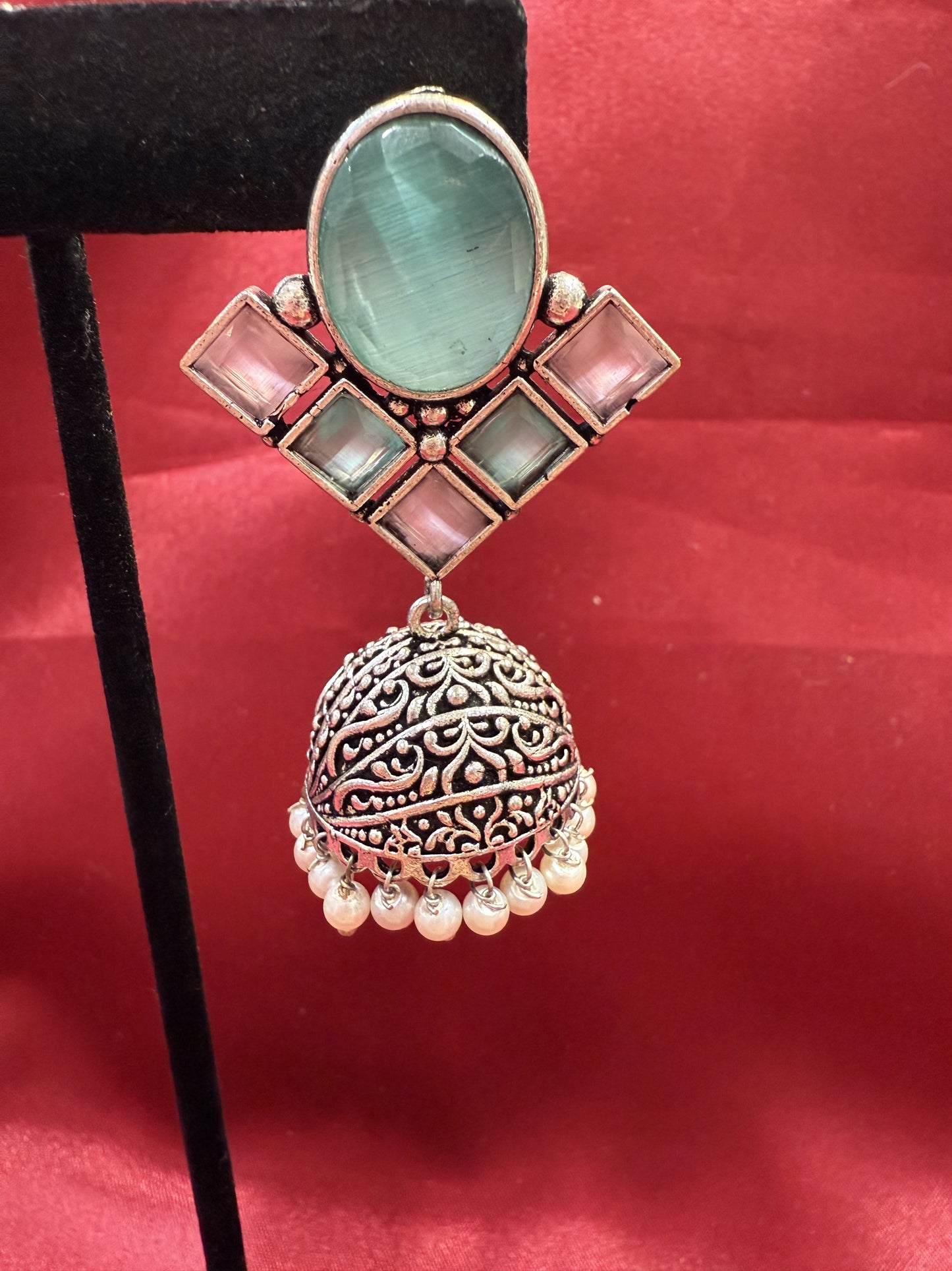 Alluring Sky Blue And Light Pink Stone Jhumka  Designer Oxidized Earrings For Women