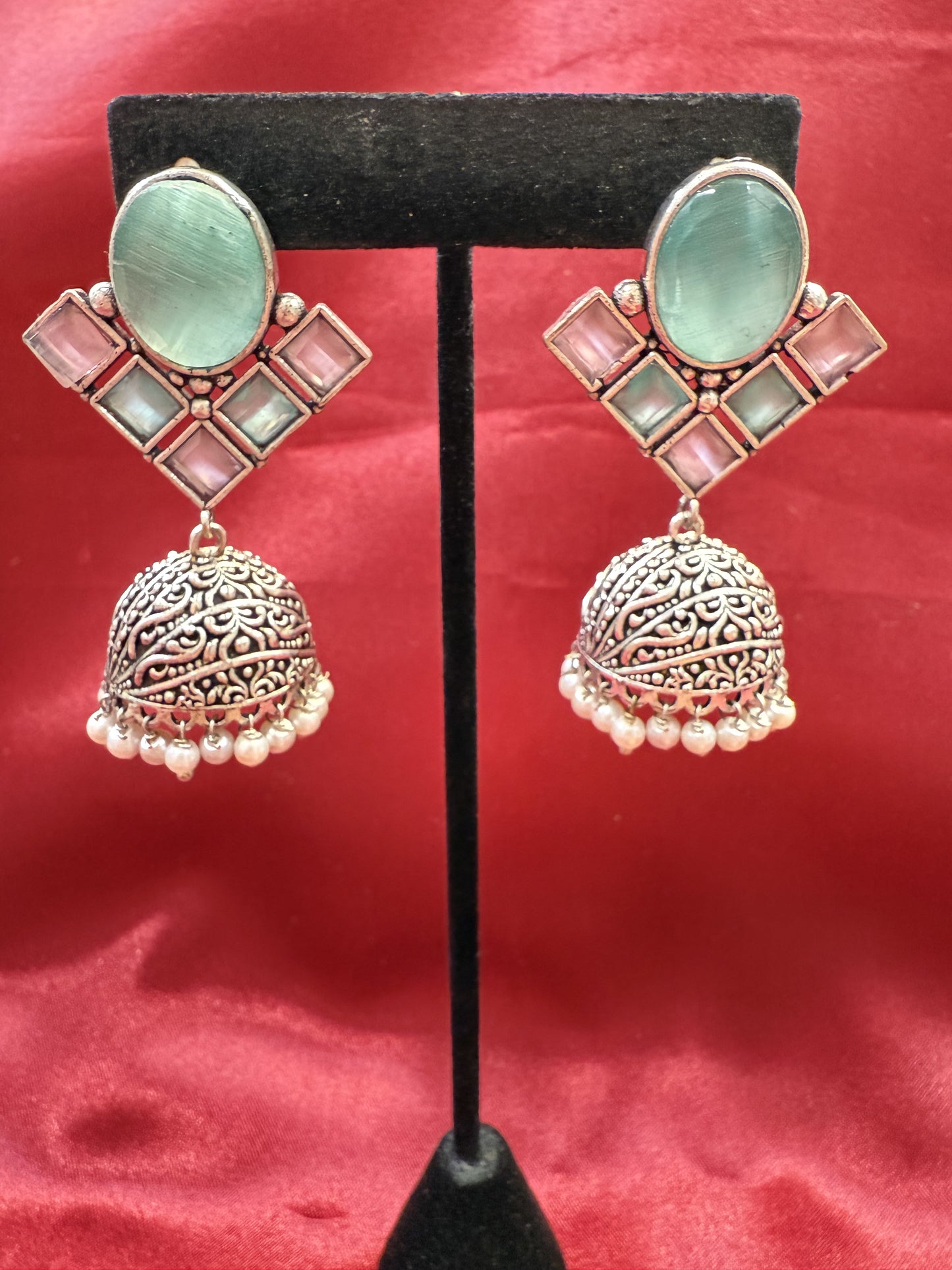 Alluring Sky Blue And Light Pink Stone Jhumka  Designer Oxidized Earrings For Women