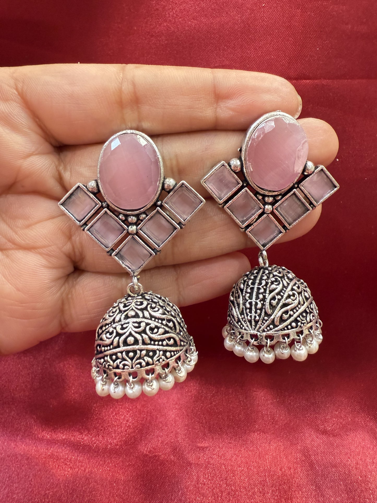 Alluring Light Pink Stone Jhumka  Designer Oxidized Earrings For Women