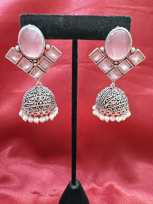 Alluring Light Pink Stone Jhumka  Designer Oxidized Earrings For Women