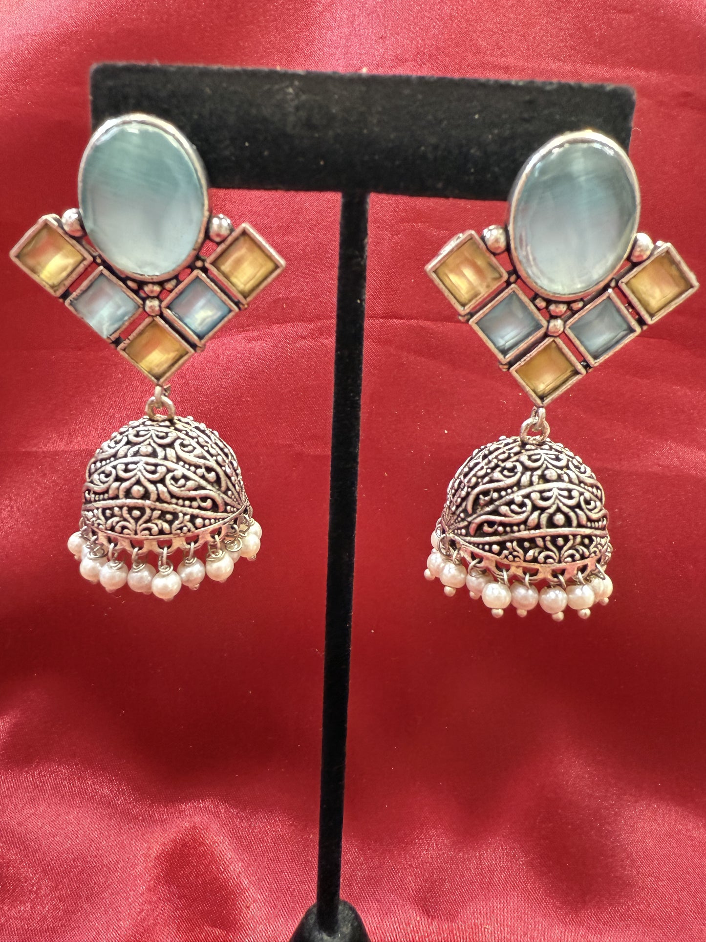 Alluring Sky Blue And Light Green Stone Jhumka  Designer Oxidized Earrings For Women