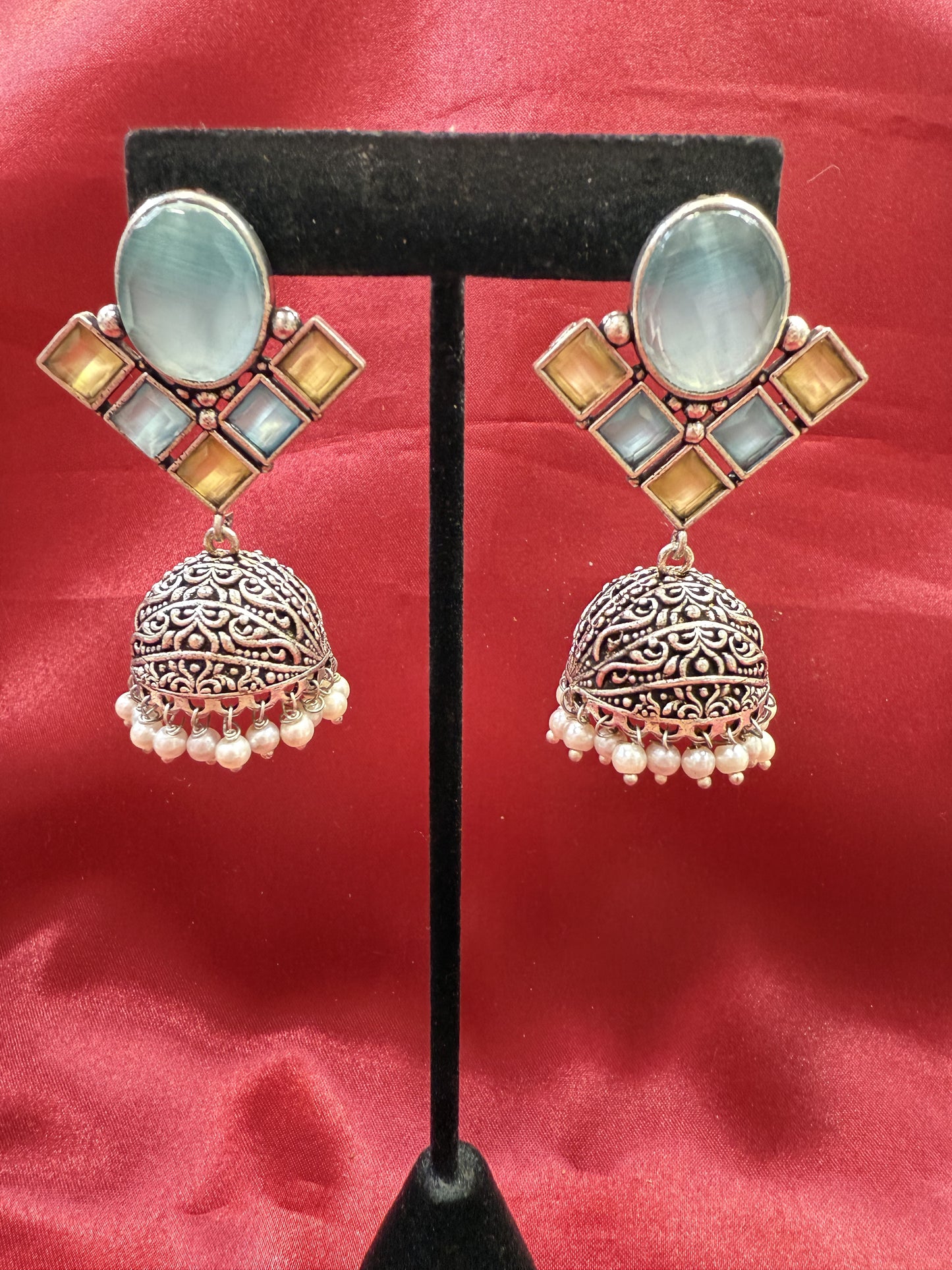 Alluring Sky Blue And Light Green Stone Jhumka  Designer Oxidized Earrings For Women