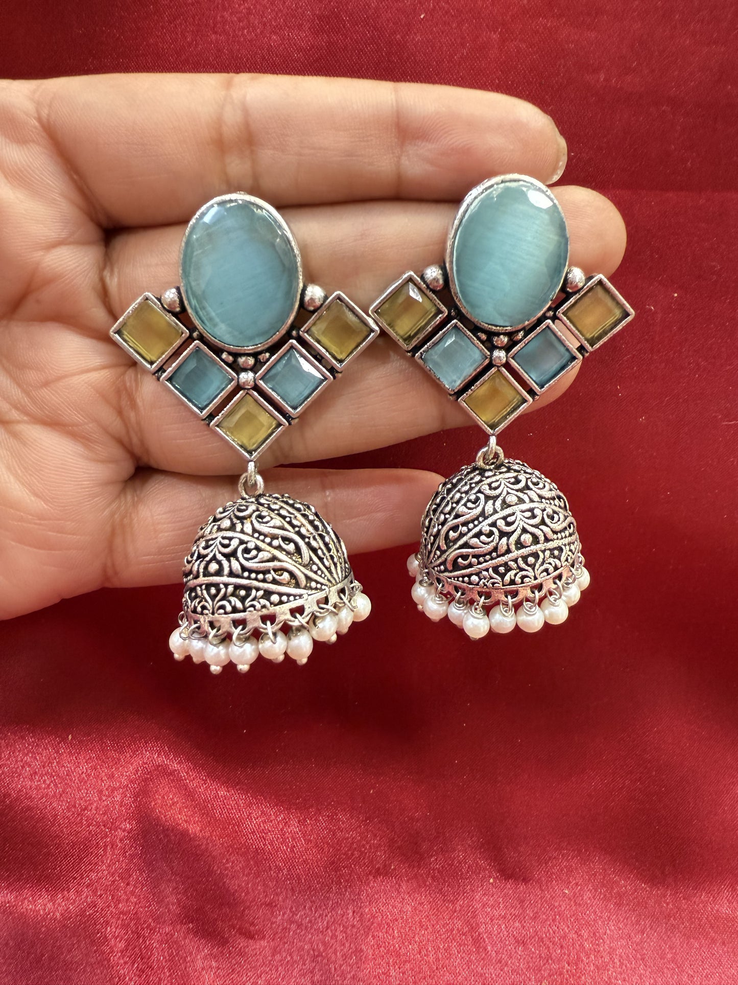 Alluring Sky Blue And Light Green Stone Jhumka  Designer Oxidized Earrings For Women