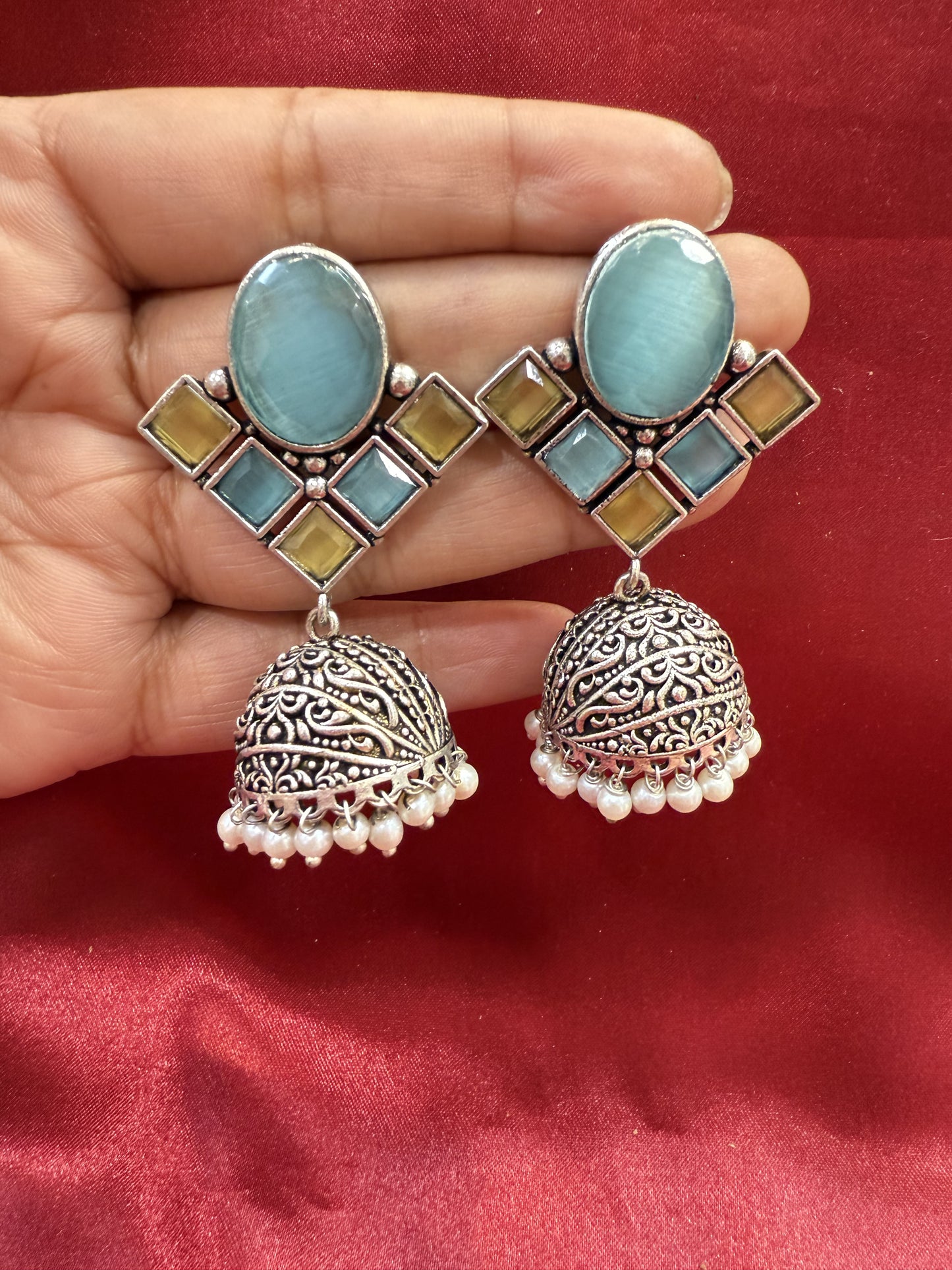 Alluring Sky Blue And Light Green Stone Jhumka  Designer Oxidized Earrings For Women