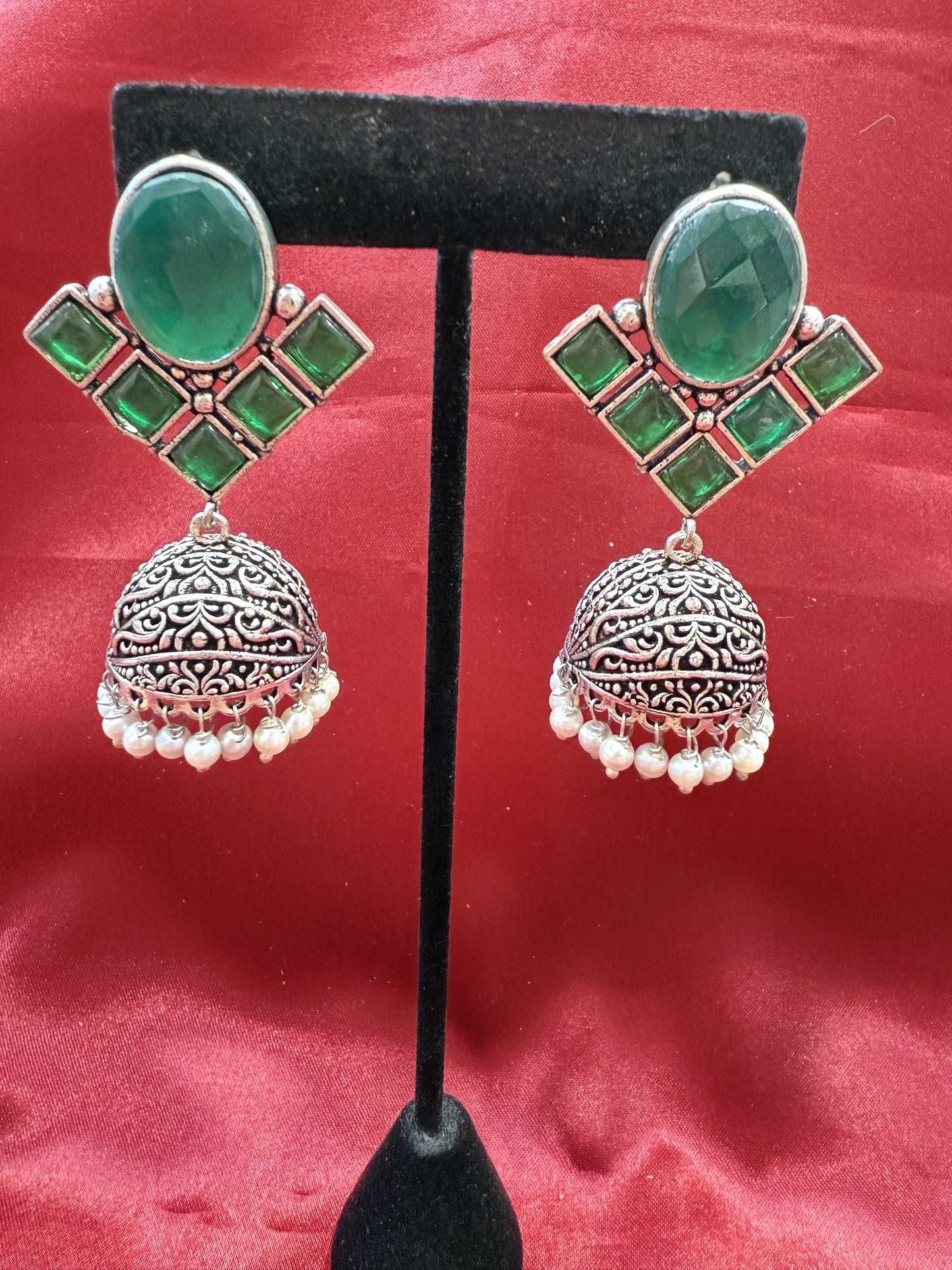 Alluring Green Stone Jhumka Designer Oxidized Earrings For Women