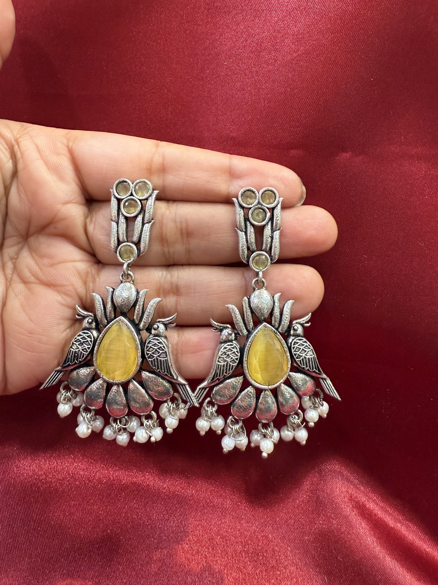 Elegant Light Yellow Colored Bird Design Oxidized With Beads Earrings