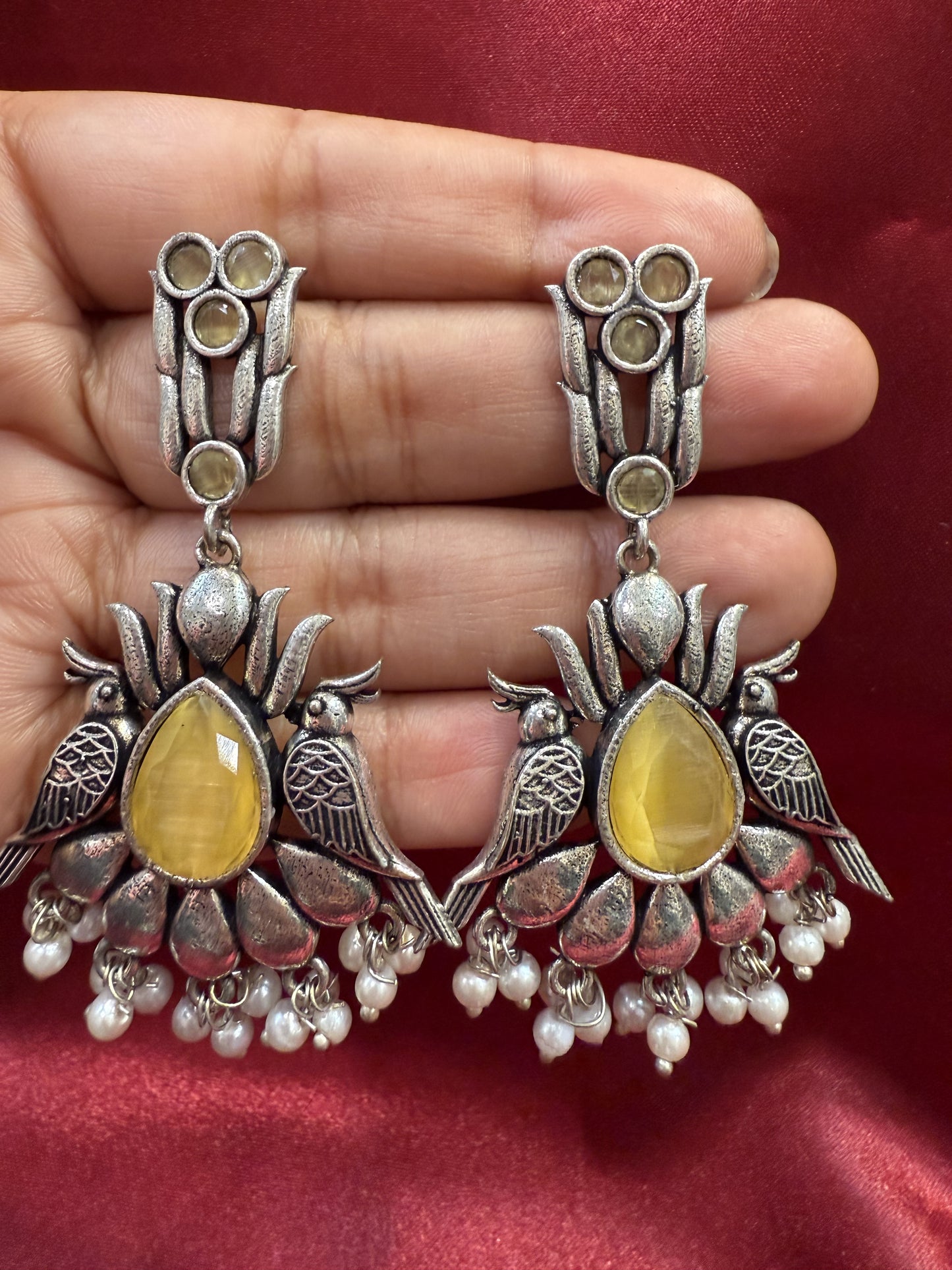 Elegant Light Yellow Colored Bird Design Oxidized With Beads Earrings