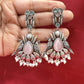 Elegant Light Pink Stone Bird Design Oxidized With Beads Earrings