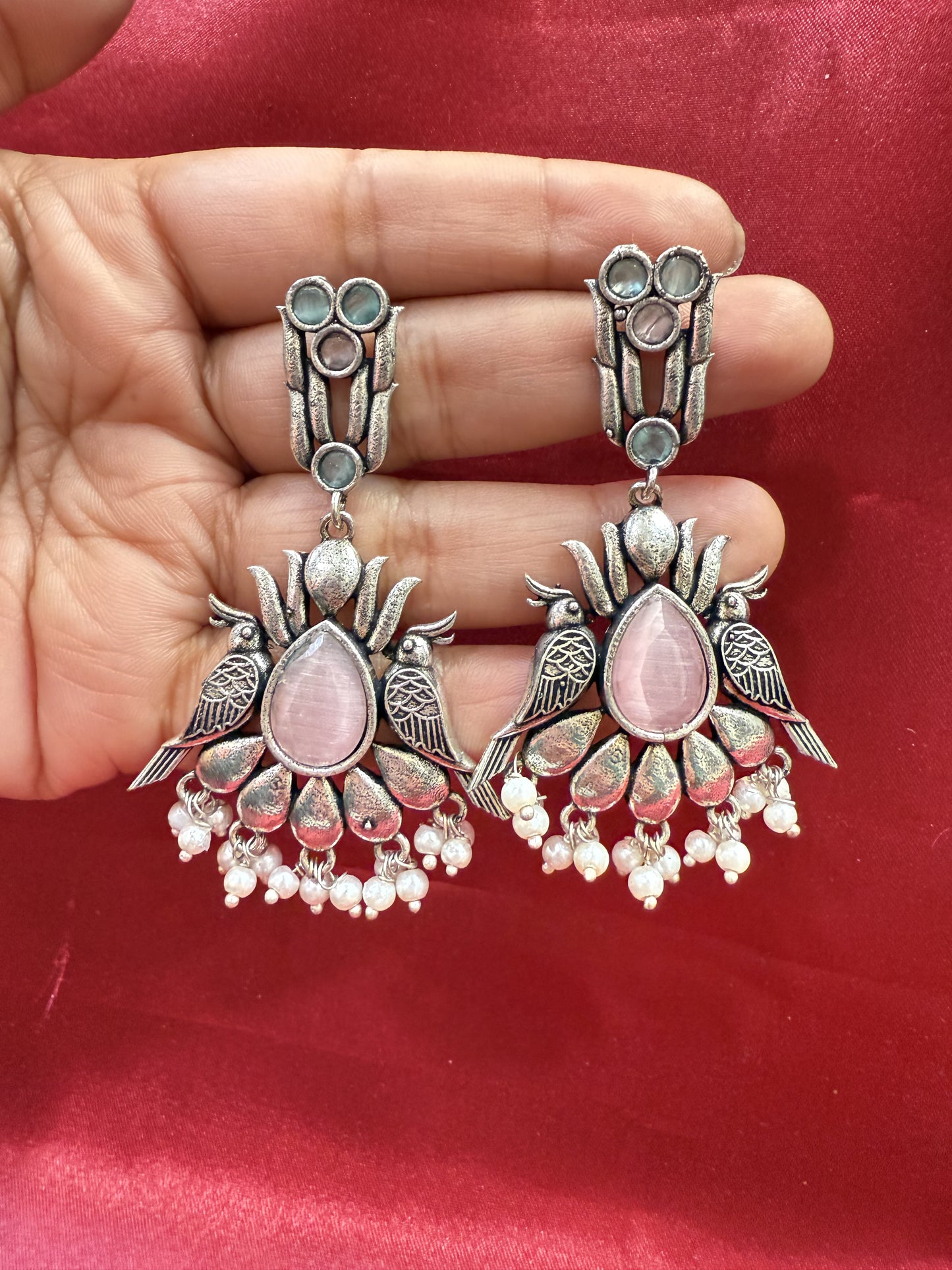 Elegant Light Pink Stone Bird Design Oxidized With Beads Earrings