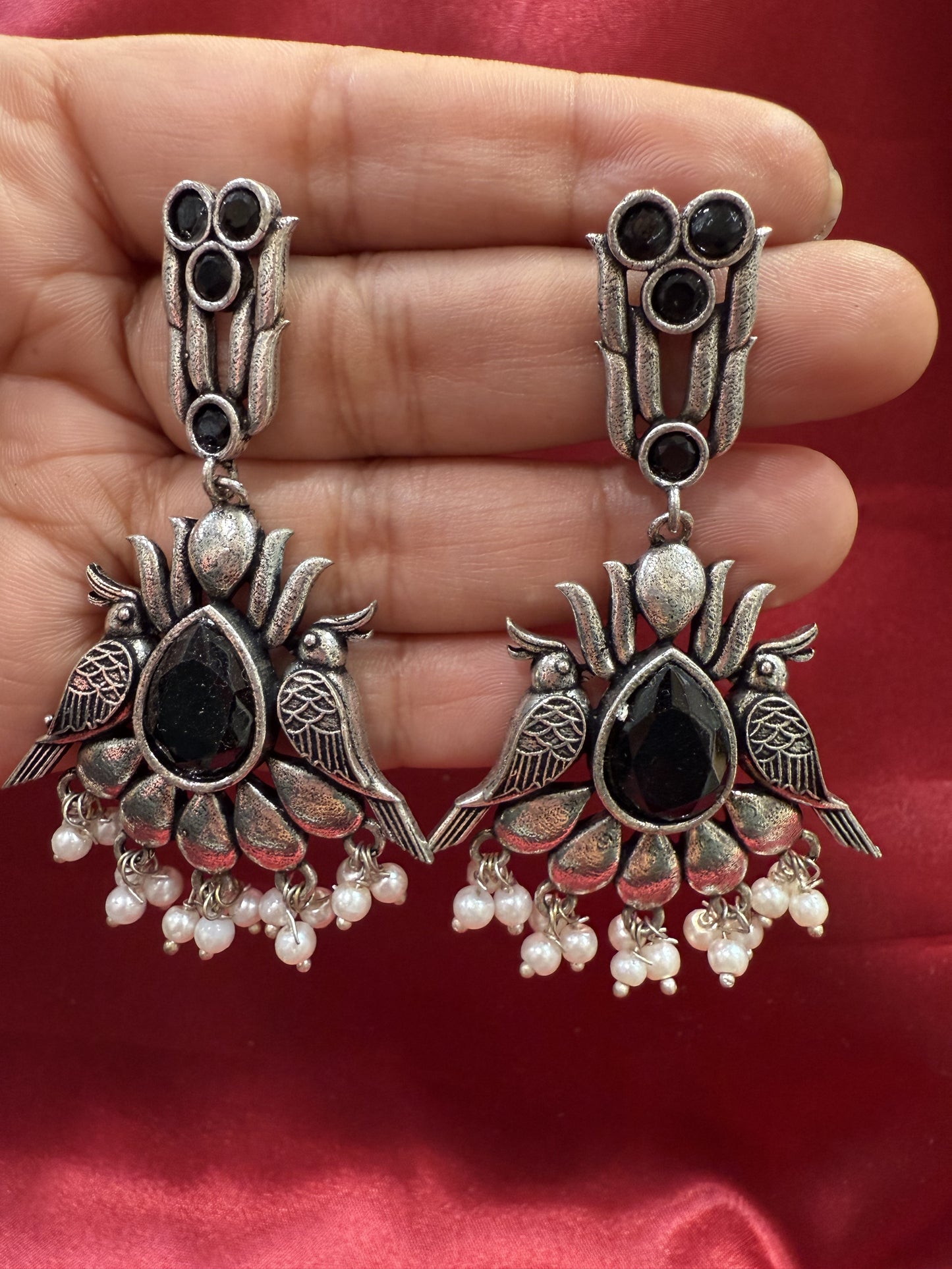 Elegant Black Stone Bird Design Oxidized With Beads Earrings