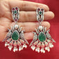 Elegant Dark Green And Magenta Stone Bird Design Oxidized With Beads Earrings