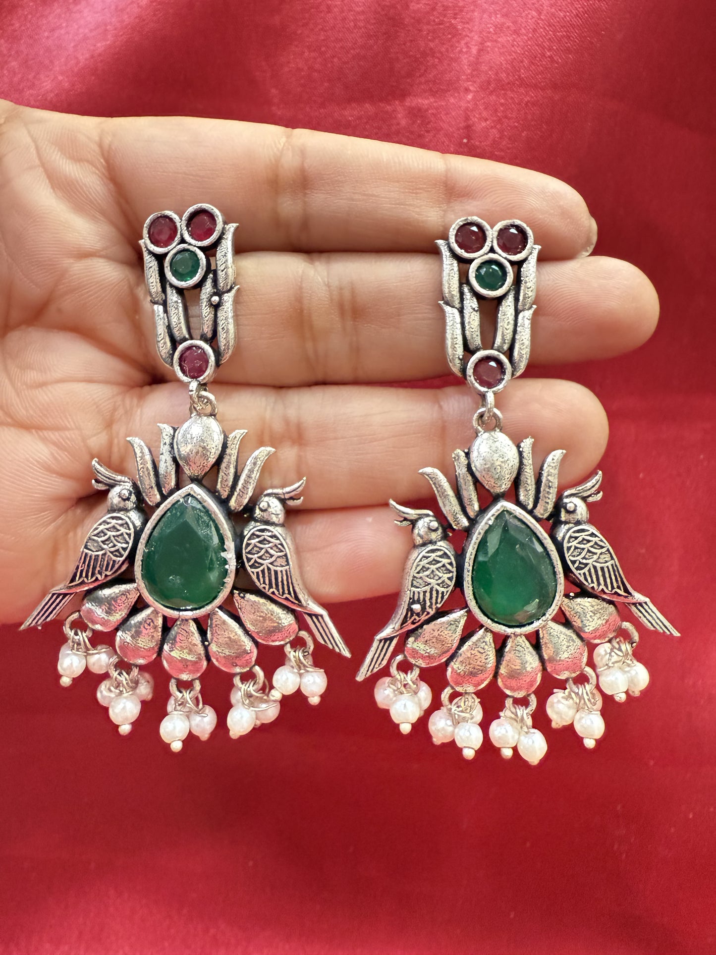 Elegant Dark Green And Magenta Stone Bird Design Oxidized With Beads Earrings