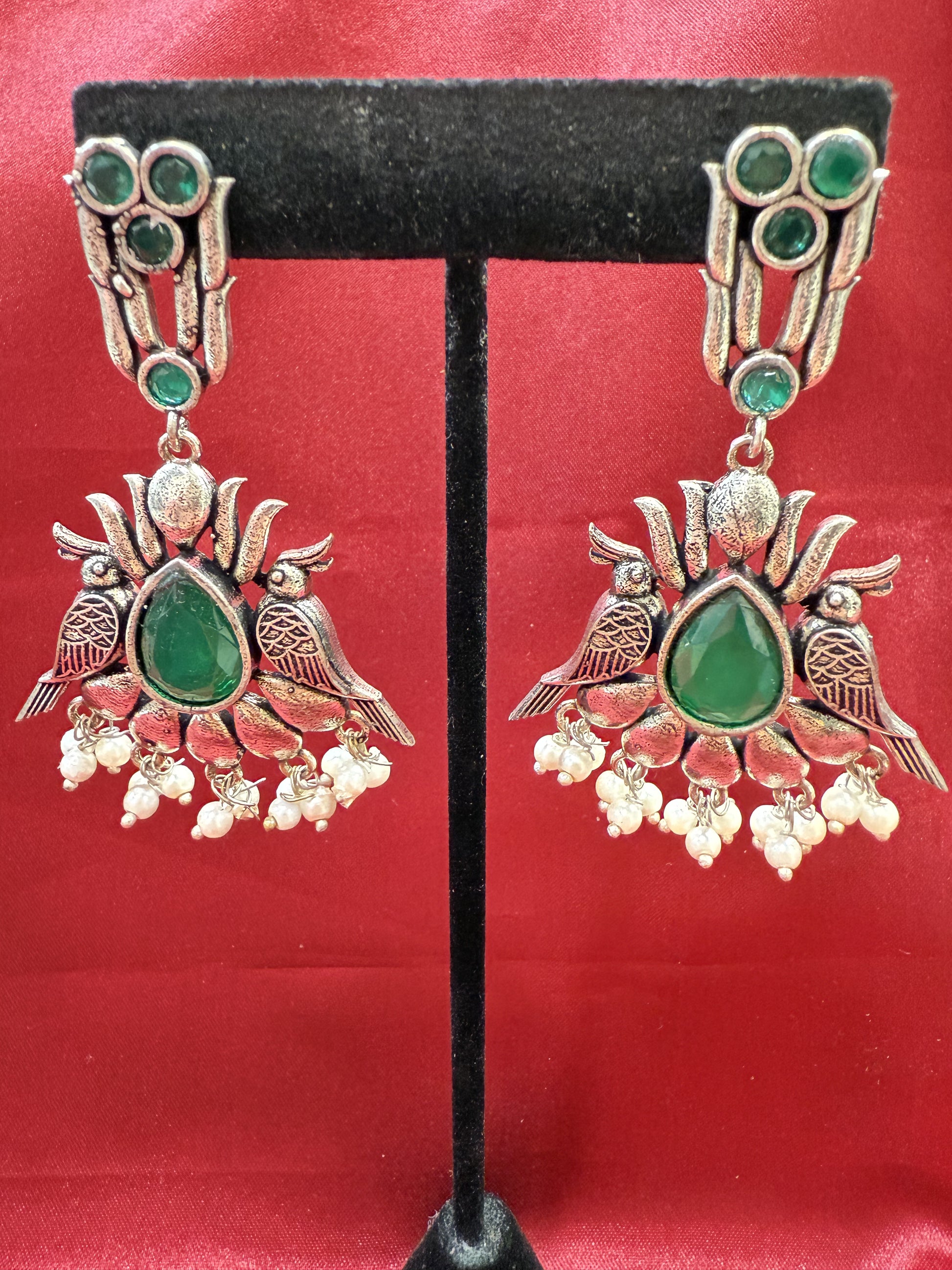 Elegant Dark Green Stone Bird Design Oxidized With Beads Earrings