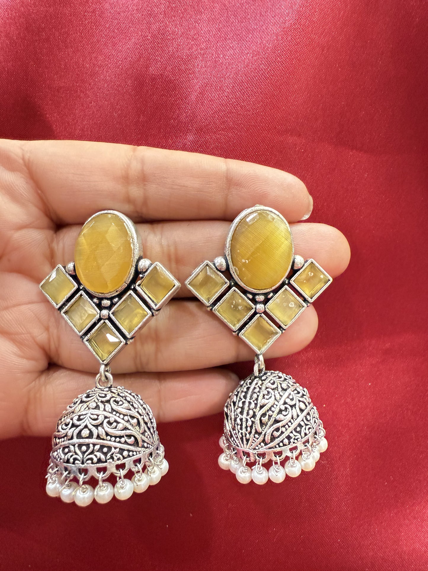 Alluring Yellow Stone Jhumka  Designer Oxidized Earrings For Women