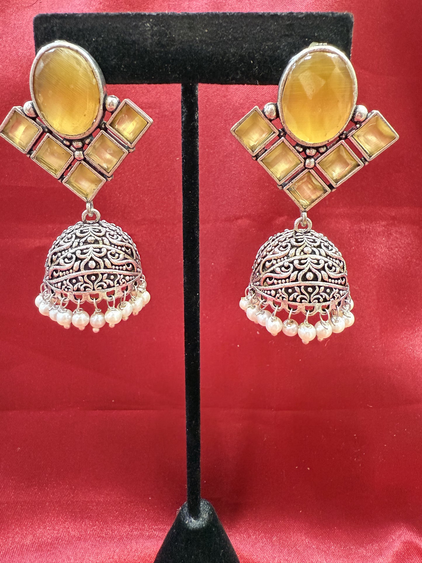 Alluring Yellow Stone Jhumka  Designer Oxidized Earrings For Women