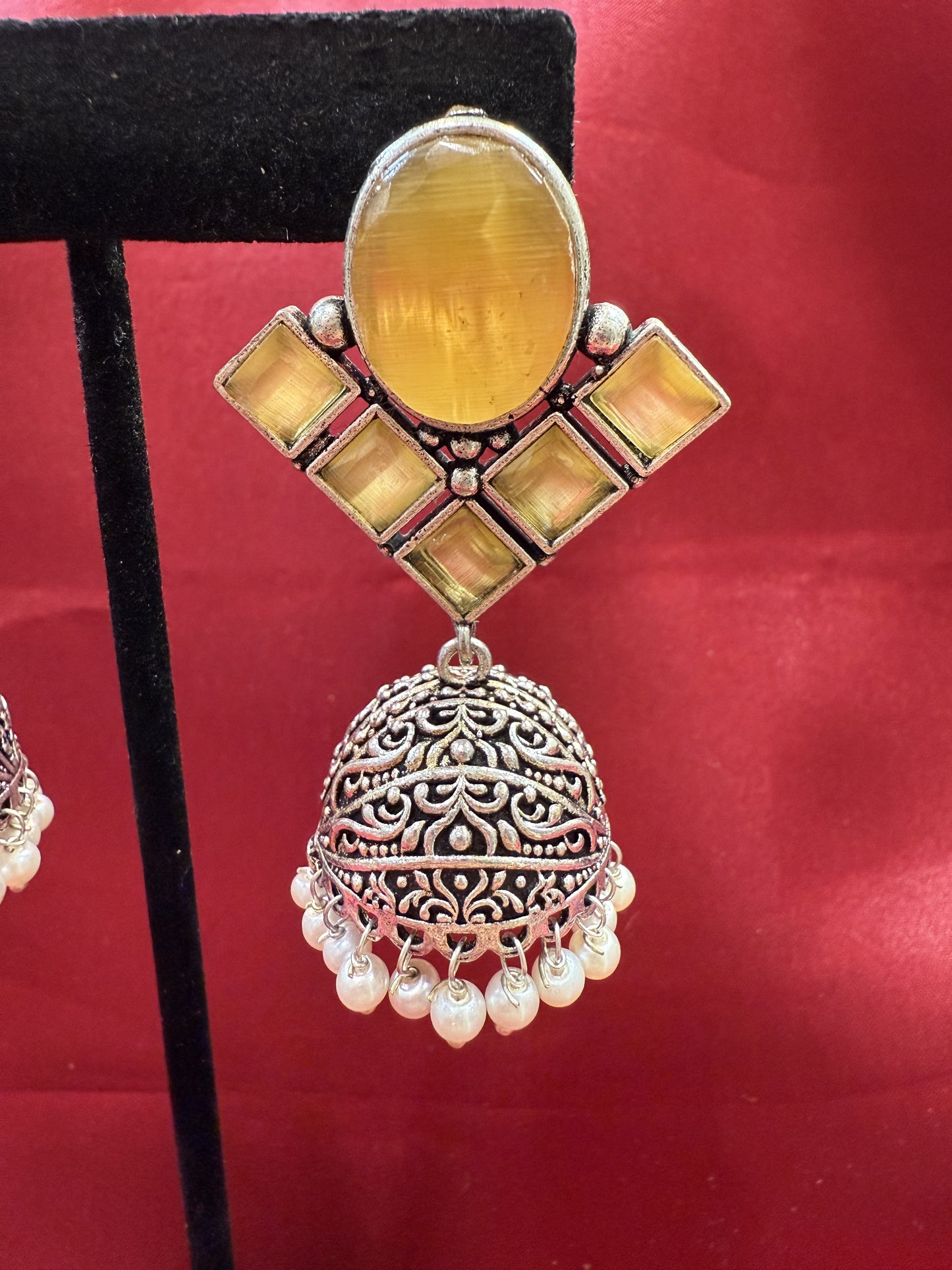 Alluring Yellow Stone Jhumka  Designer Oxidized Earrings For Women