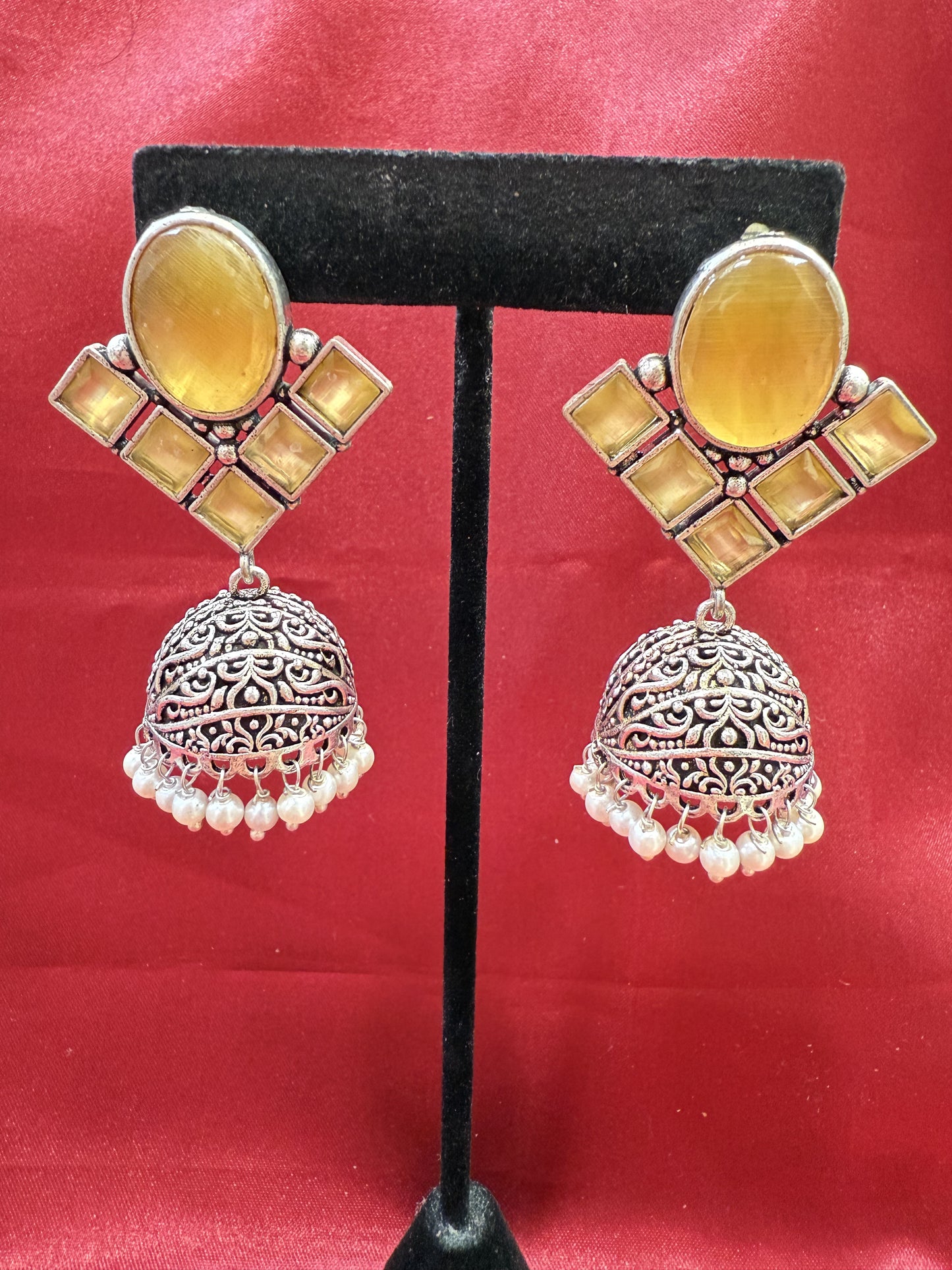 Alluring Yellow Stone Jhumka  Designer Oxidized Earrings For Women