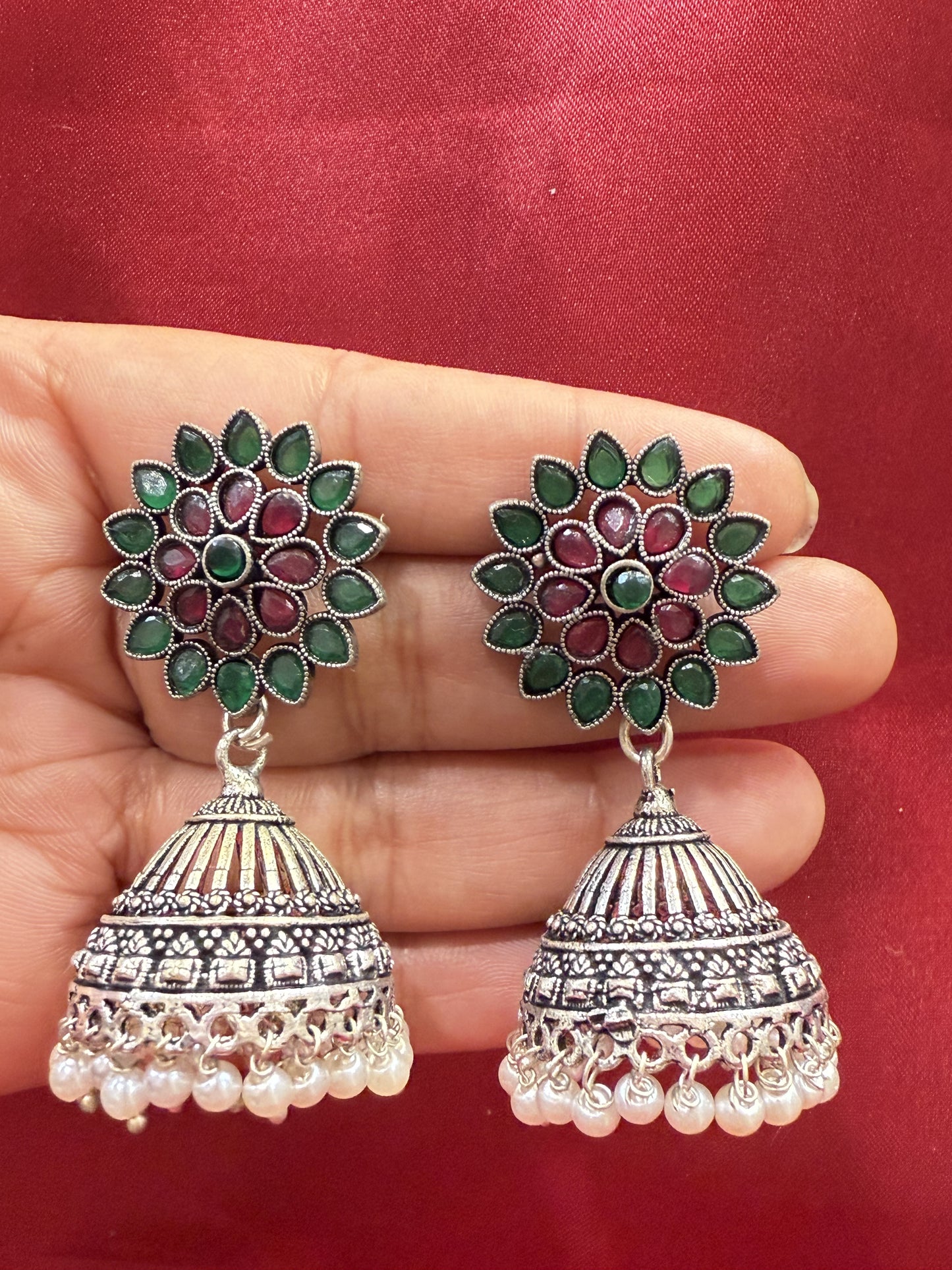 Attractive Beautiful Magenta And Green Color earings Oxidized Pearls Drop Earrings For Women