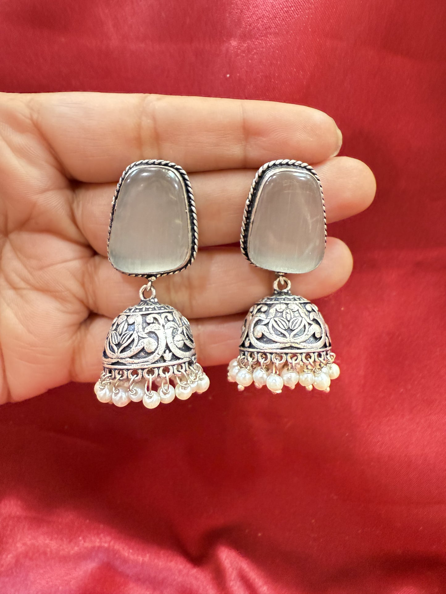 Beautiful Oxidized Grey Stone Jhumka With White Color Bead Hangings