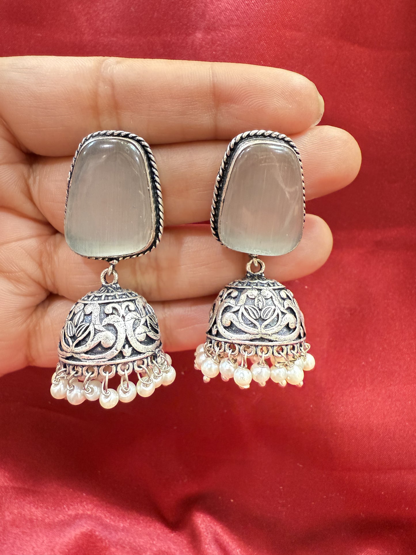 Beautiful Oxidized Grey Stone Jhumka With White Color Bead Hangings