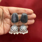 Beautiful Oxidized Dark Gray Stone Jhumka With White Color Bead Hangings