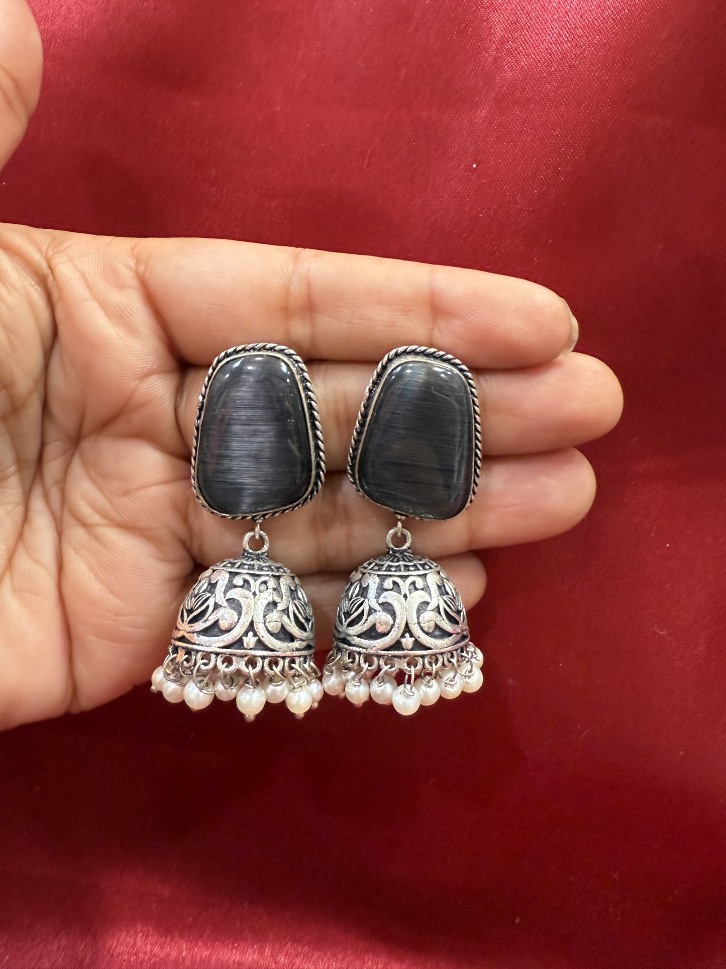 Beautiful Oxidized Dark Gray Stone Jhumka With White Color Bead Hangings