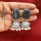 Beautiful Oxidized Dark Gray Stone Jhumka With White Color Bead Hangings