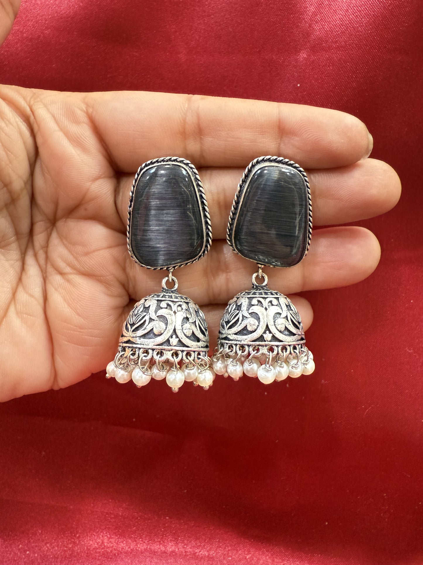 Beautiful Oxidized Dark Gray Stone Jhumka With White Color Bead Hangings