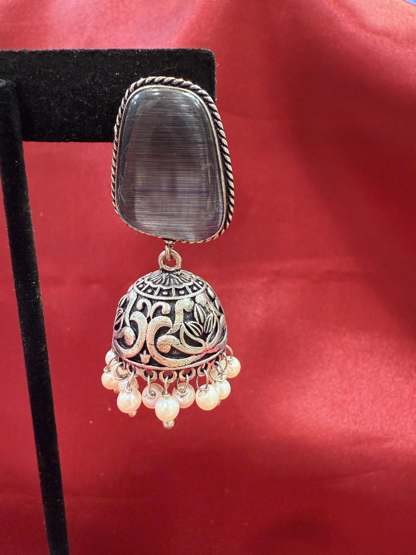 Beautiful Oxidized Dark Gray Stone Jhumka With White Color Bead Hangings