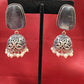 Beautiful Oxidized Dark Gray Stone Jhumka With White Color Bead Hangings