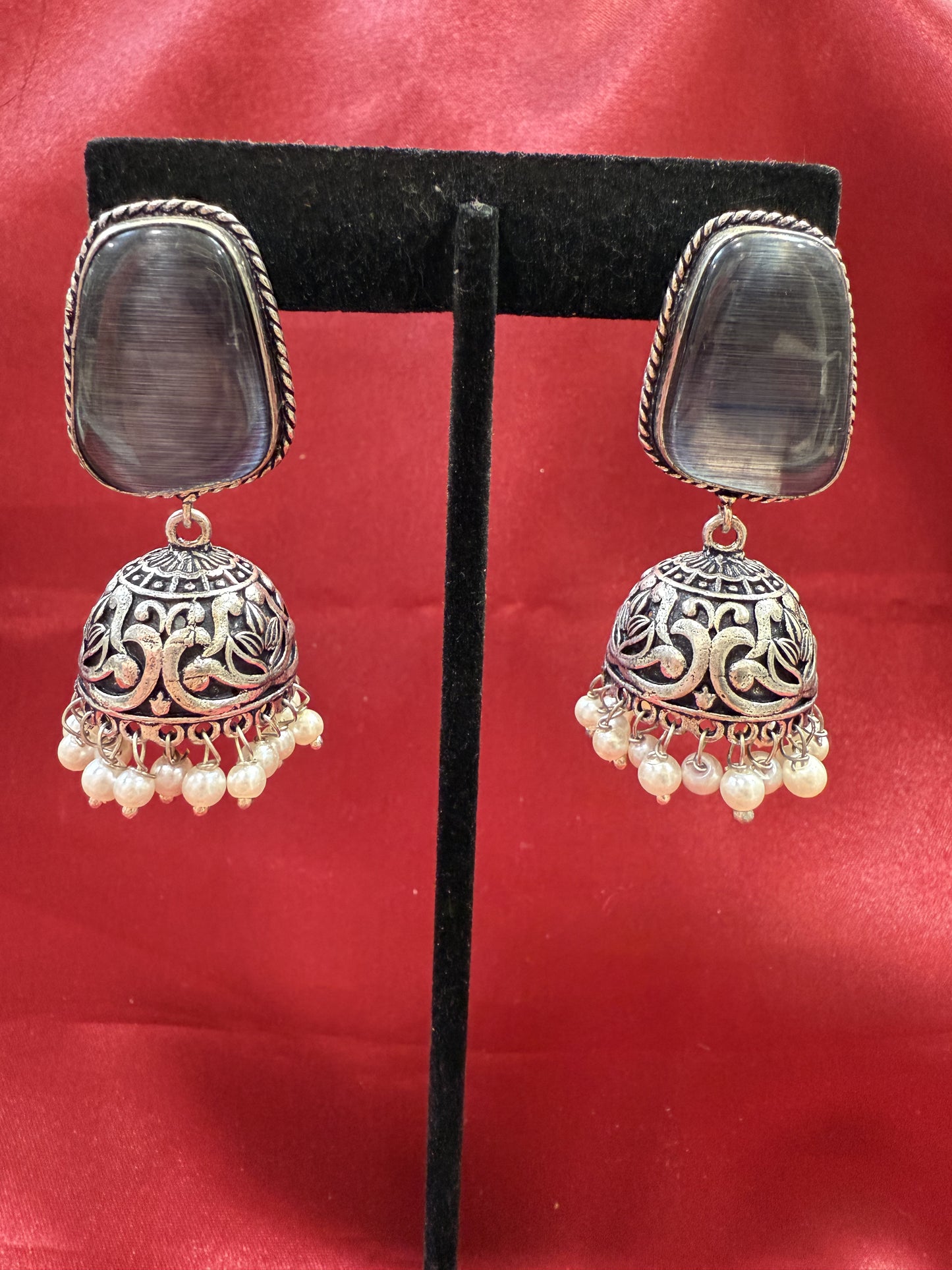 Beautiful Oxidized Dark Gray Stone Jhumka With White Color Bead Hangings