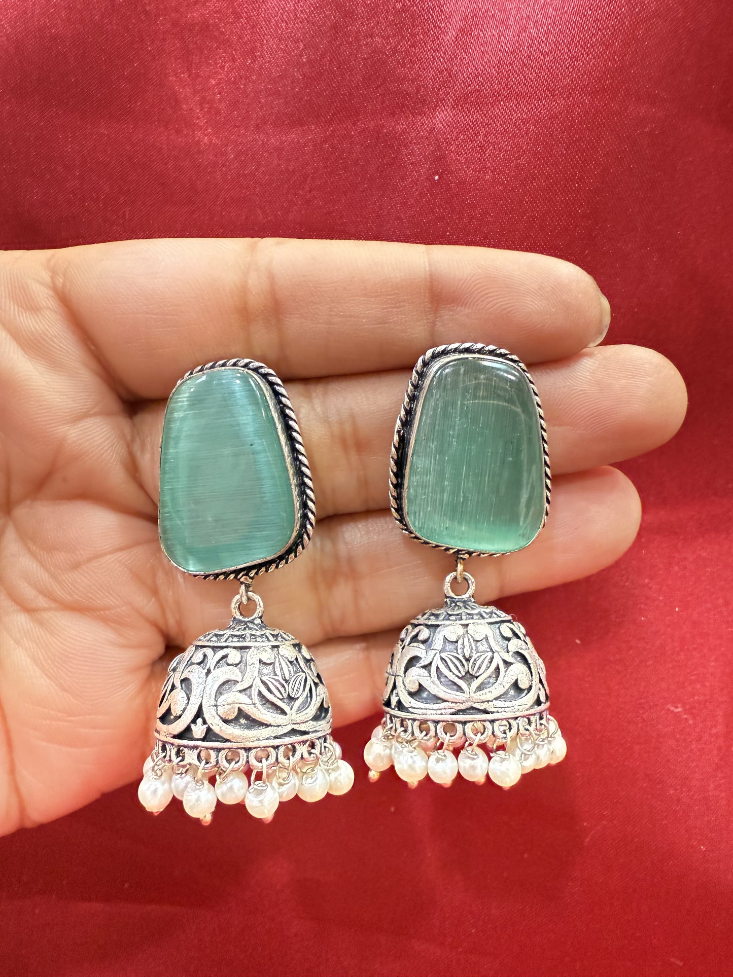 Beautiful Oxidized Sky Blue Stone Jhumka With White Color Bead Hangings