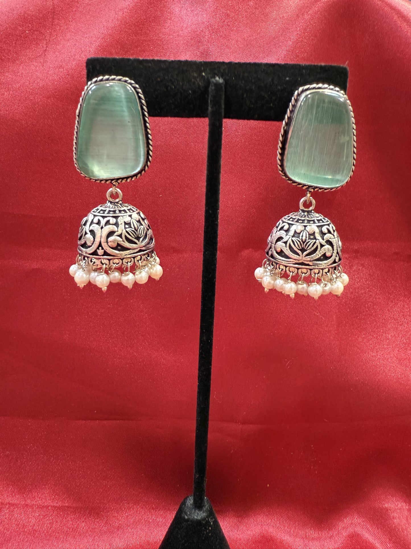 Beautiful Oxidized Sky Blue Stone Jhumka With White Color Bead Hangings