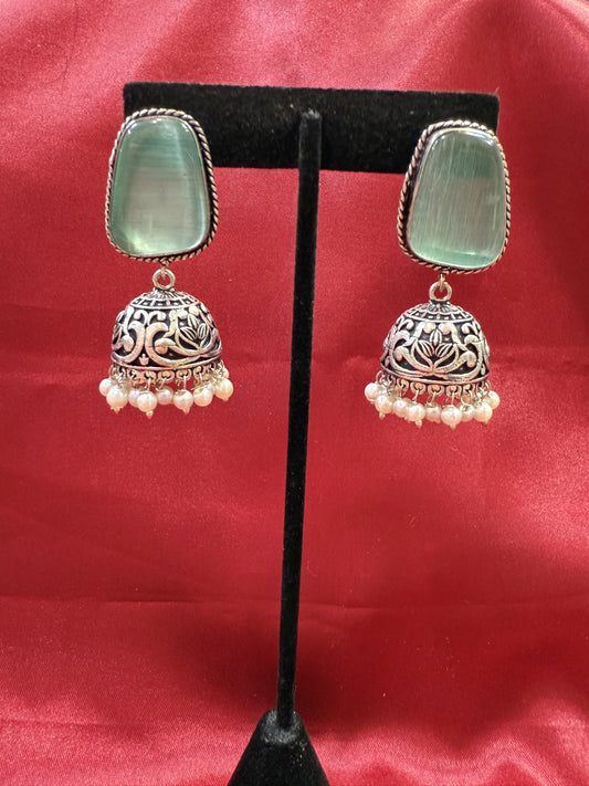 Beautiful Oxidized Sky Blue Stone Jhumka With White Color Bead Hangings