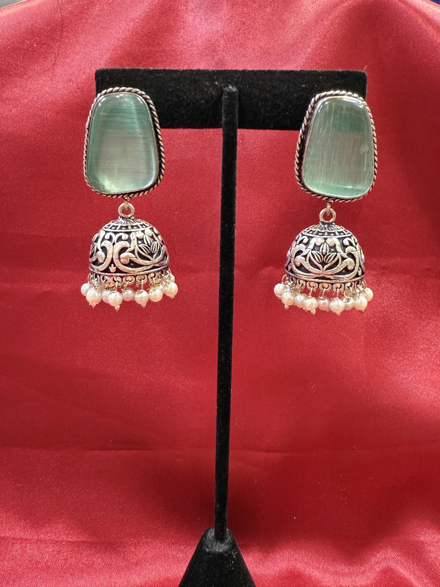 Beautiful Oxidized Sky Blue Stone Jhumka With White Color Bead Hangings