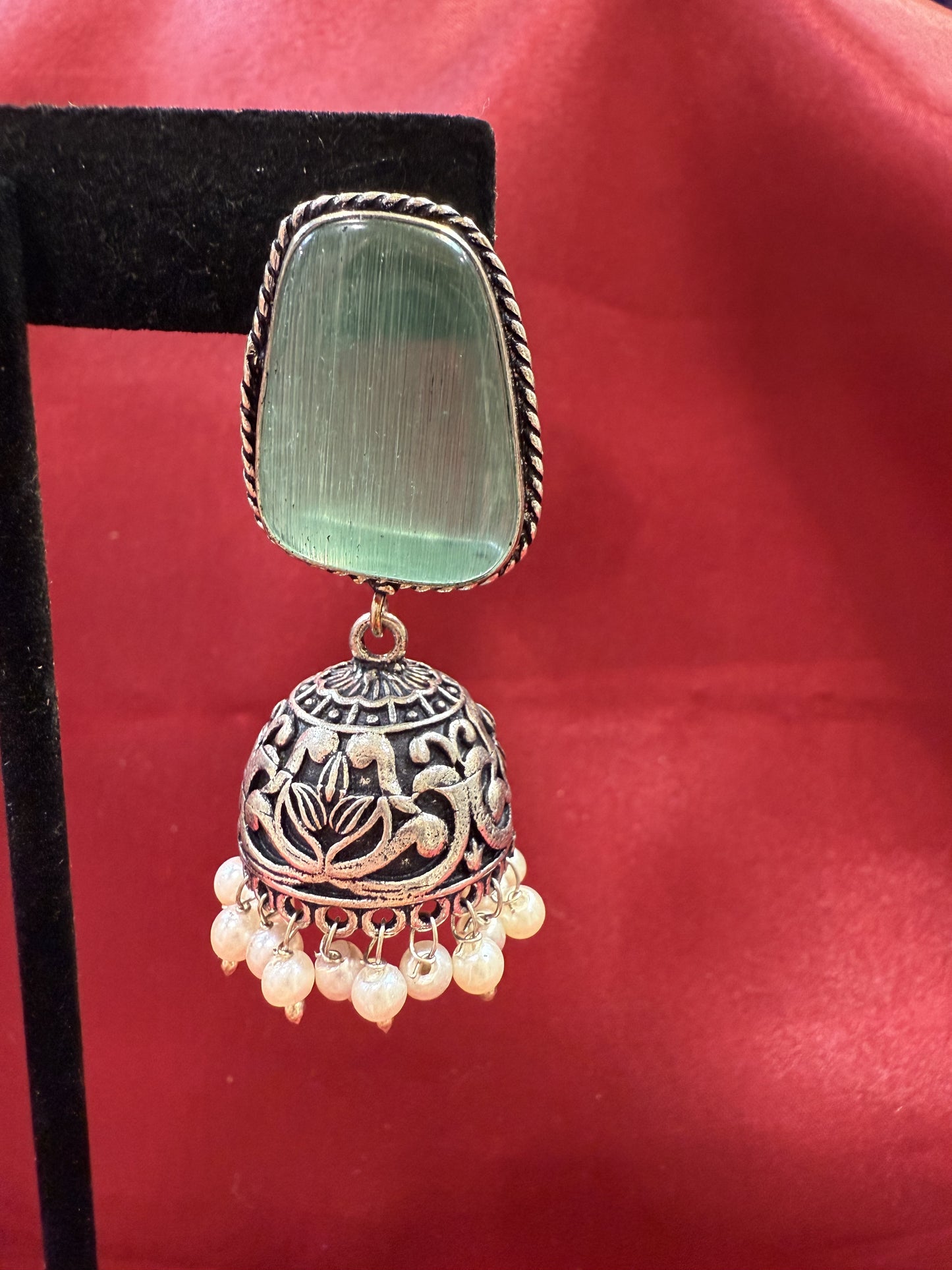 Beautiful Oxidized Sky Blue Stone Jhumka With White Color Bead Hangings