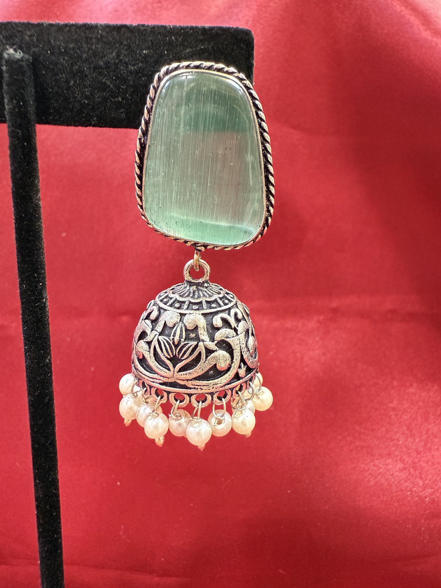 Beautiful Oxidized Sky Blue Stone Jhumka With White Color Bead Hangings