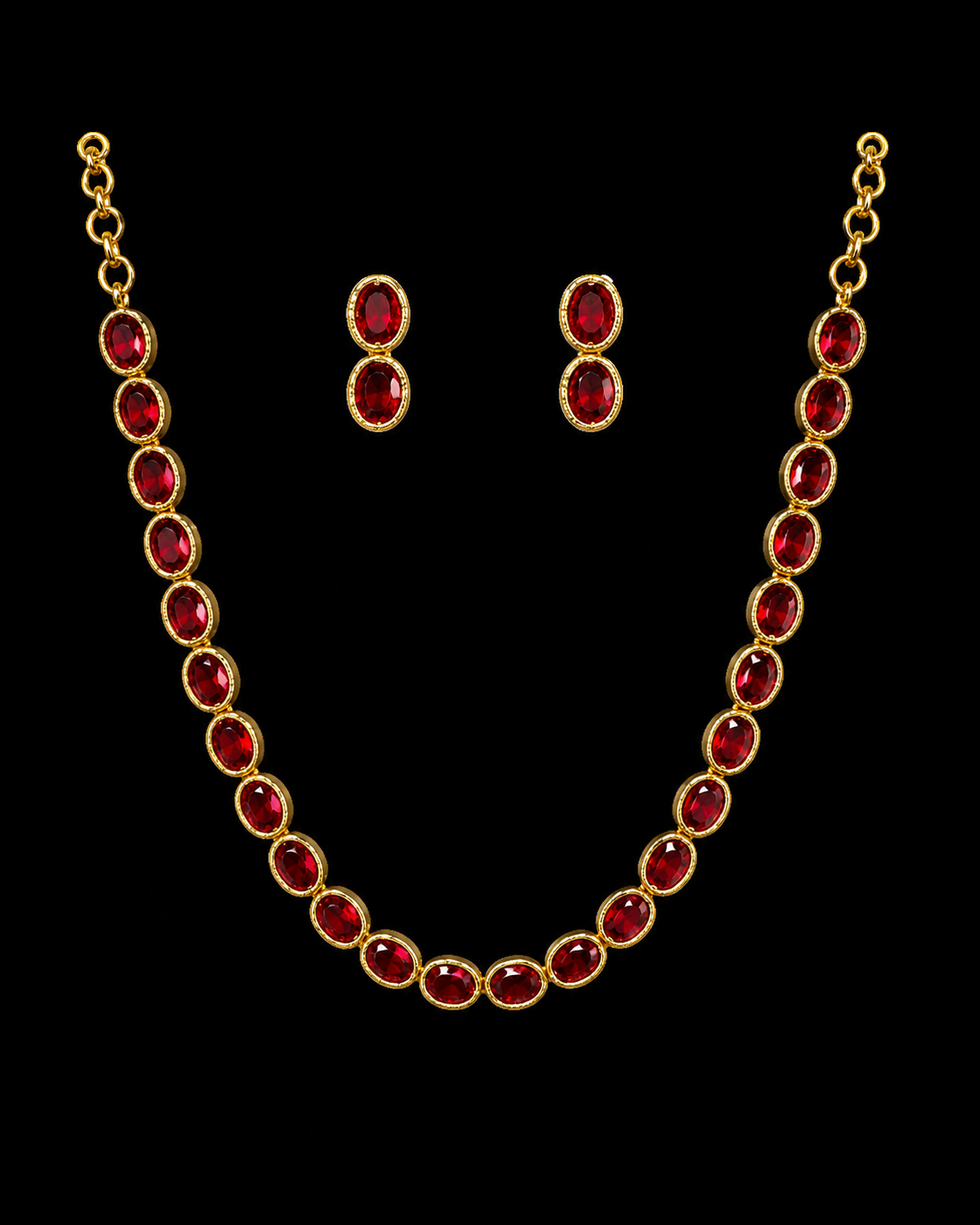 Pretty Red Stones Gold Plated Necklace With Earrings