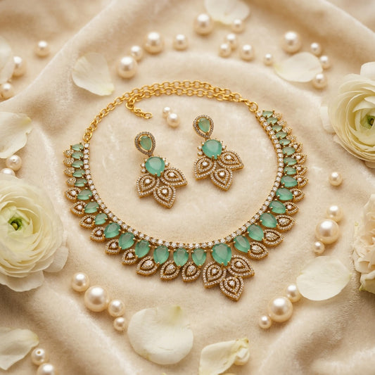 Stunning Mint Green Kundan And White Stones Gold Plated Necklace Set