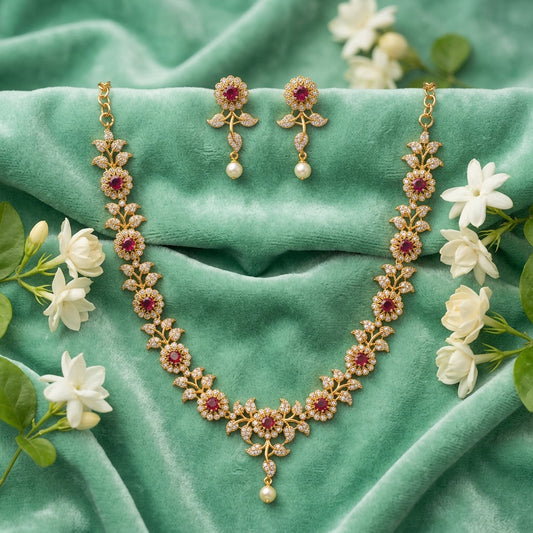 Beautiful Gold Plated Pink And White Color Stones Necklace Set For Women