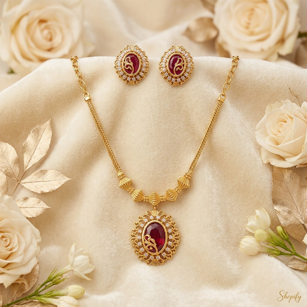 Pretty Gold Plated Necklace Set with Statement Red Stone
