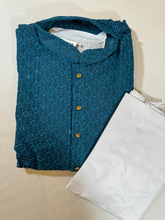 Appealing Sea Blue Color Jacquard Chikankari Kurti suit 