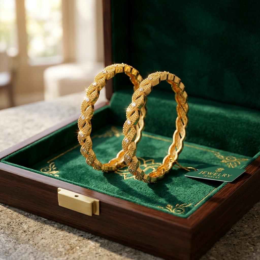 Gold Plated Breaded Pattern Bangles With White Stones.