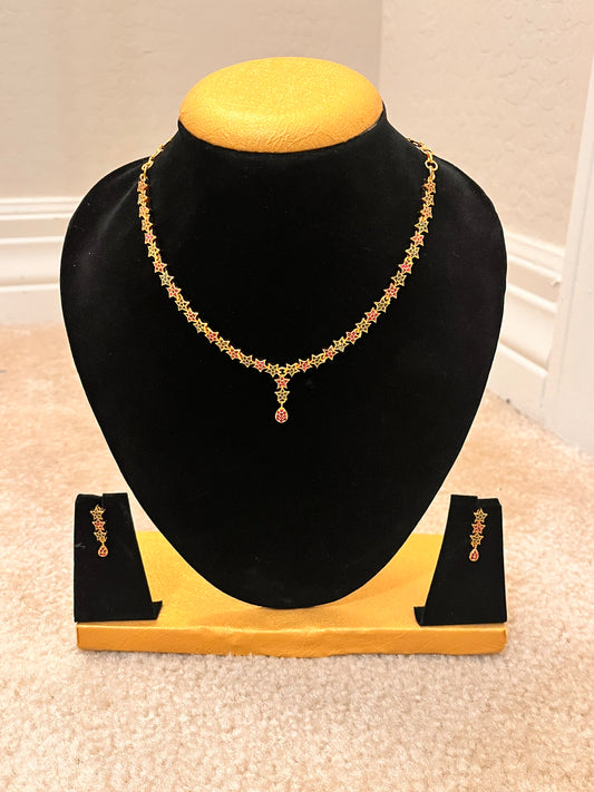 Gorgeous Gold Plated Green and Pink Stoned Necklace Set For Women