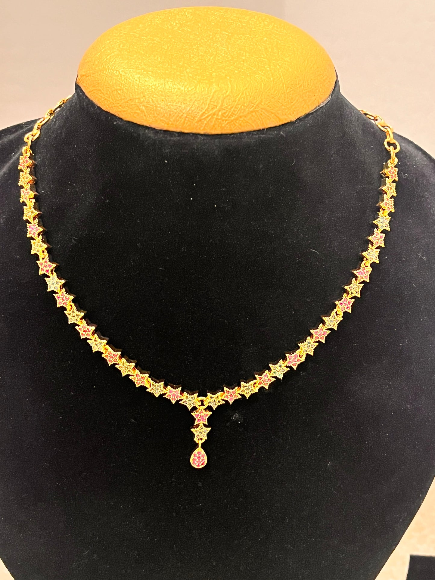 Gold Plated Green and Pink Stoned Necklace Set Near Me